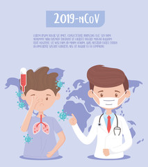 covid 19 quarantine, boy with fever and doctor with protection mask