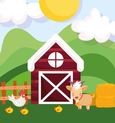 farm animals ram rooster and chickens barn fence hay cartoon