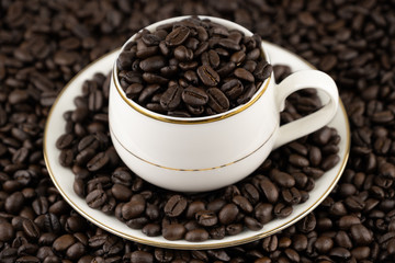 Coffee cup with roasted beans on coffee beans background