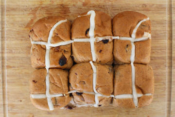 6 Hot Cross Buns On Wooden Board