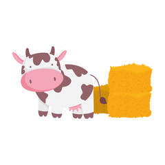 farm animals cartoon cow and stack of hay cartoon