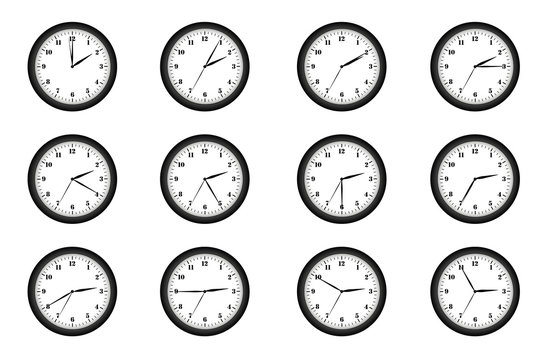 Wall clock twelve pieces with different positions of the hands on the dial. Time from two hours to three hours. Vector illustration.