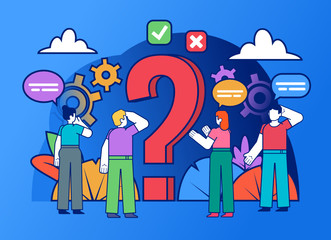 Frequently asked questions, support or help center concept. Group of people stand near big question mark. Poster for social media, web page, banner, presentation. Flat design vector illustration