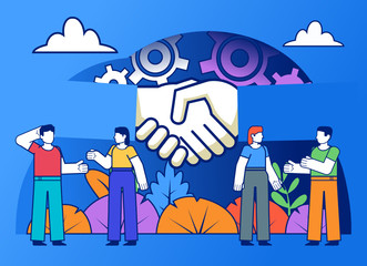Naklejka premium Successful business deal, agreement. Group of people stand near big hands handshake. Poster for social media, web page, banner, presentation. Flat design vector illustration