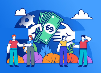 Obraz premium Business deal, agreement. Pay money, bribe or gift of money concept. Poster for social media, web page, banner, presentation. Flat design vector illustration