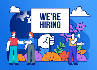 We're hiring, search for new employee, vacancy concept. Small people stand near big sign. Poster for social media, web page, banner, presentation. Flat design vector illustration