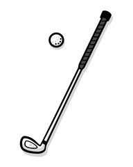 Vector illustration of a steel golf or mini-golf club with  a black handle and a ball. Drawn in a cute style with flat colors and a black outline. Isolated on white.