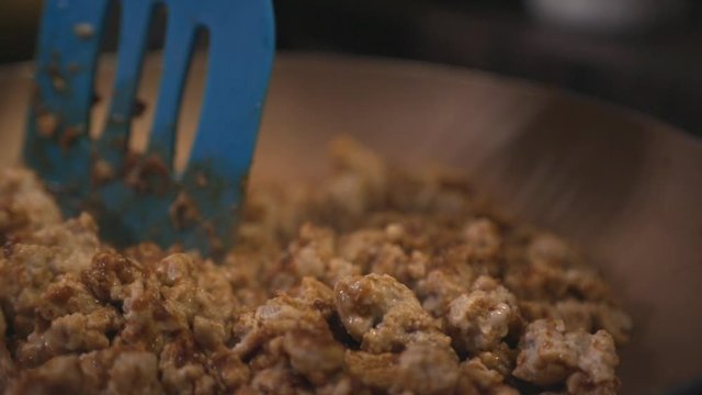 Cooking A Yummy Sisig On The Fry Pan - Closeup  Shot