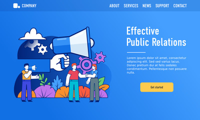 Effective public relations, social media influencer concept. Small people stand near big loudspeaker. Modern design vector illustration. Web landing page template
