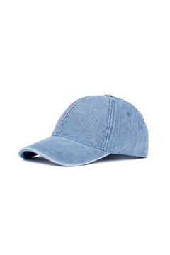 jeans blue baseball cap, side view