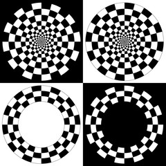 Spiral Checkerboards, Four black and white checkerboard, dartboard abstract spiral design patterns and frames with copy space. 
