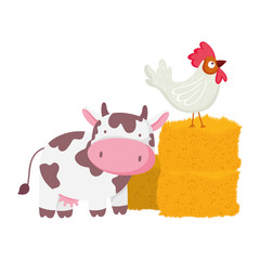 cow and rooster in stack of hay farm animal cartoon