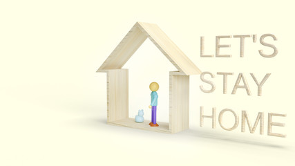 wood toys home and wooden figure 3d rendering for let’s stay home content.