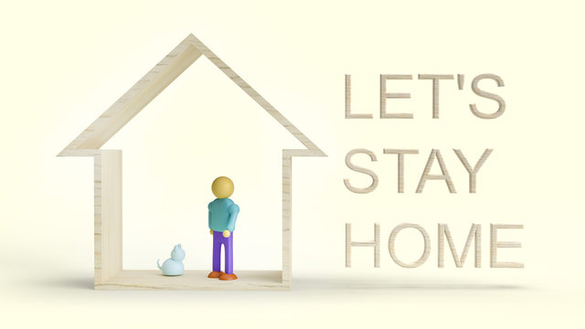 wood toys home and wooden figure 3d rendering for let’s stay home content.