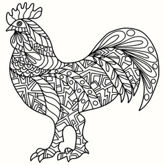 rooster with ornament and abstract figures drawn on a white background, isolated, coloring vector
