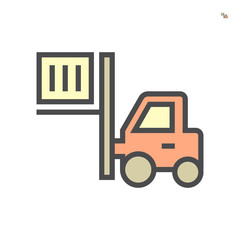 Forklift vector icon. May called fork or lift truck. Elevator machine equipment or vehicle for industry at storage, port, warehouse and factory by lift up, raise and delivery cargo. 64x64 pixel.