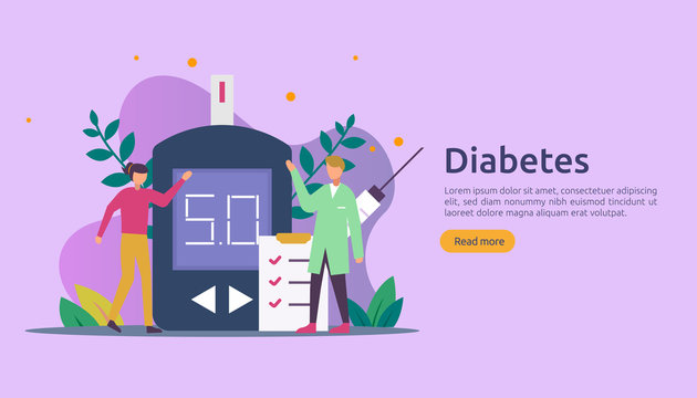 Diabetes mellitus monitoring concept. sugar level blood measures with glucose testing meter. insulin injection treatment and diet control therapy. illustration template for web landing page