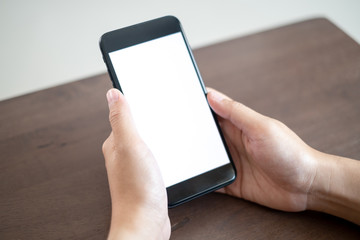Women's hand holding smartphone for working and shopping online