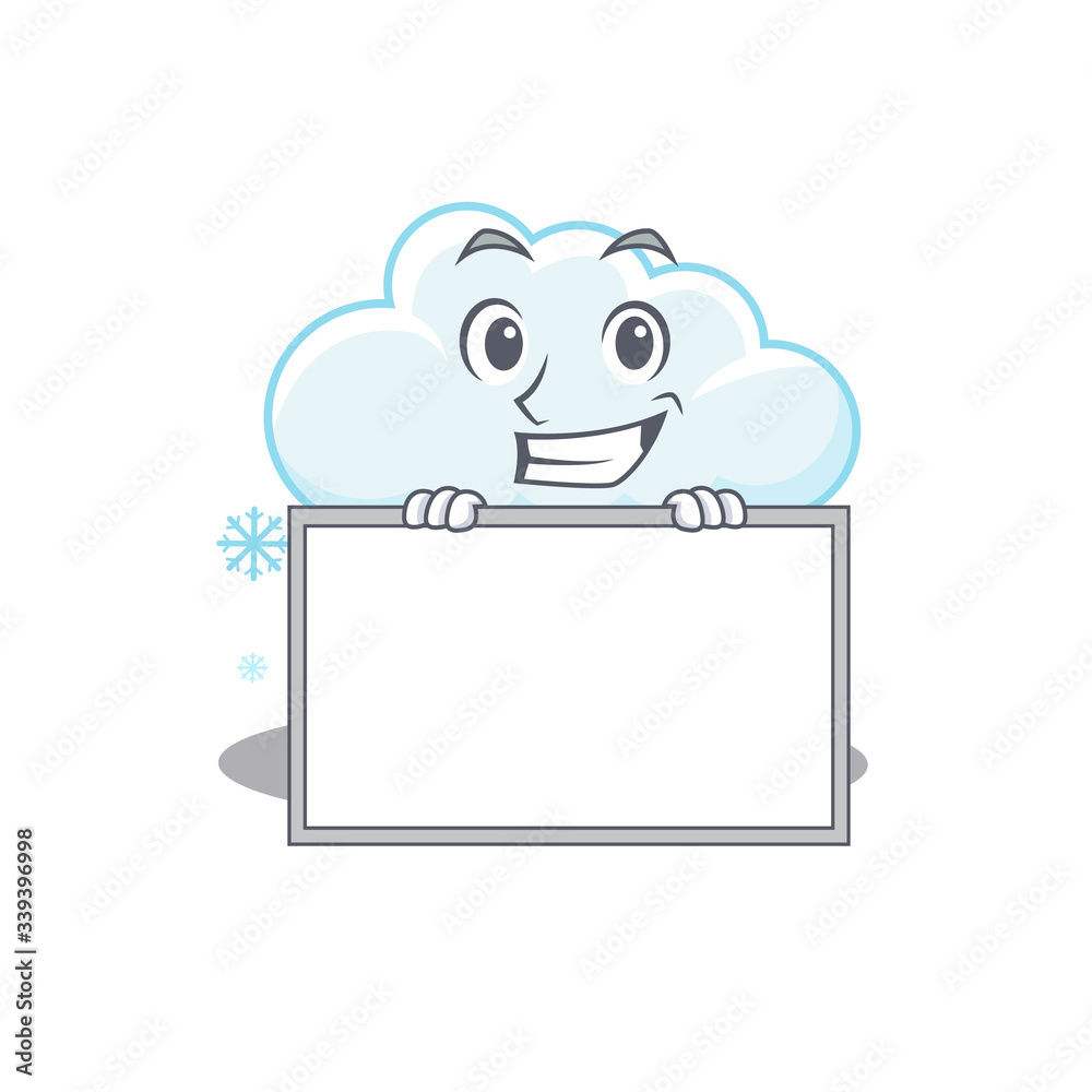 Sticker Smiling snowy cloud cartoon design style has a board