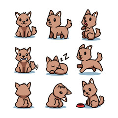 Set of Cartoon cute brown dog is pretending to run, sit, stand, sleep and wait for food on white background.