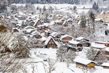 Snow covered Shirakawago village in winter, The village has a Gassho-style house, UNESCO world heritage sites in Japan