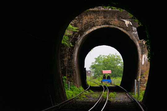 The tourist riding rail bike and enjoy the nature scene while rail bike passes tunnel in Gangchon Rail Park, Chuncheon, South Korea.