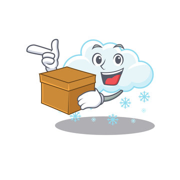 An picture of snowy cloud cartoon design concept holding a box