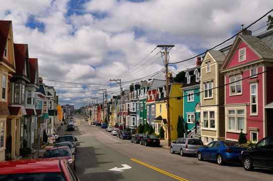 Colorful Clapboard Houses On Gower Street In Downtown St. John`s Newfoundland