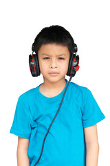 Isolated Portrait of Asian boy wearing headphones on a white background with clipping path.