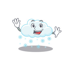 A charismatic snowy cloud mascot design style smiling and waving hand
