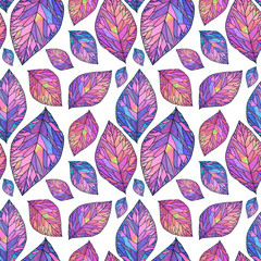 Seamless pattern hand-drawn marker and pen illustration leaves black, pink, purple multicolor creative art object background wrapping textile