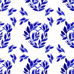 Seamless pattern blue hearts with branch and leaves hand-drawn watercolor brushstroke isolated on white background creative naive art wrapping textile