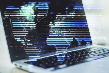 Abstract creative digital world map on modern computer background, globalization concept....