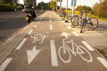bicycle road sign Bike path in the city, the outline of a Bicycle painted on the pavement