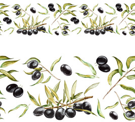 Seamless border. Black olives on branches with leaves. Hand drawn watercolor illustration on a white background.