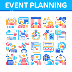 Event Party Planning Collection Icons Set Vector. Planning Travel And Delivery, Concert And Theater, Calendar, Photo Cards And Stopwatch Concept Linear Pictograms. Color Illustrations