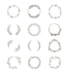 Set round floral wreaths. Vector Illustration in hand drawn style isolated on white background.