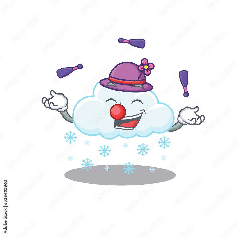 Poster An attractive snowy cloud cartoon design style playing juggling