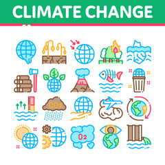 Climate Change Ecology Collection Icons Set Vector. Climate Warming And Drought, Deforestation And Forest Fire, Co2 Emission And Eruption Concept Linear Pictograms. Color Illustrations