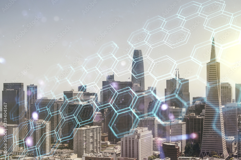Poster double exposure of abstract virtual technology hologram with hexagon on san francisco city skyscrape