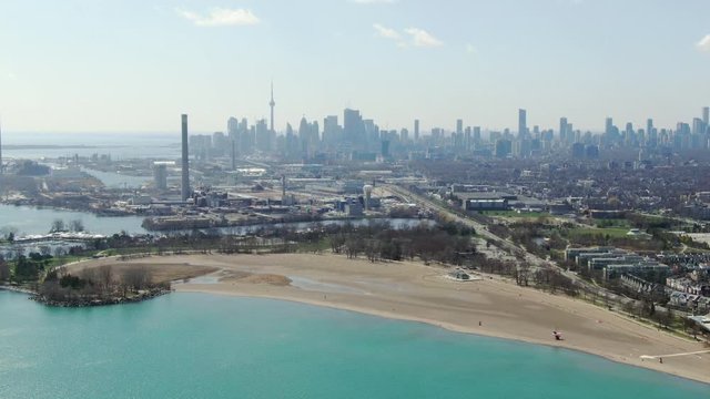Toronto Woodbine Beach CN Tower Drone Footage with Blue Sky