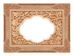 wooden  frame and Pattern of flower carved on wood isolared on white with clipping path