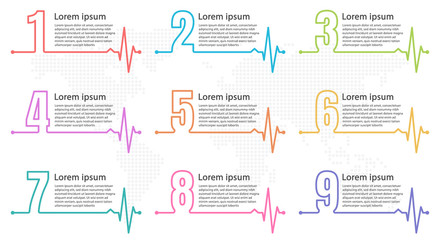 Infographic elements thin line and heart rate style, 9 options.