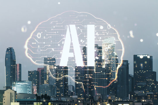 Double exposure of creative artificial Intelligence interface on Los Angeles city skyscrapers background. Neural networks and machine learning concept