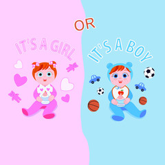 Image of cute cartoon boy with cars and balls on a blue background and girls with hearts and bears on pink in a flat style. There is an inscription 