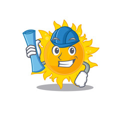 Cartoon character of summer sun brainy Architect with blue prints and blue helmet