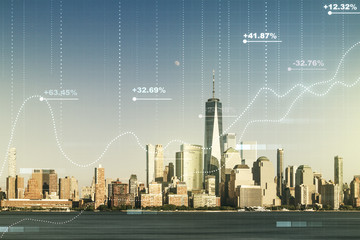 Multi exposure of creative statistics data hologram on New York city skyscrapers background, stats...