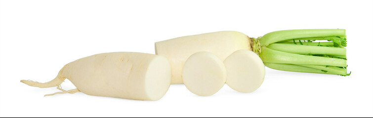 fresh white radish with slices isolated on white background
