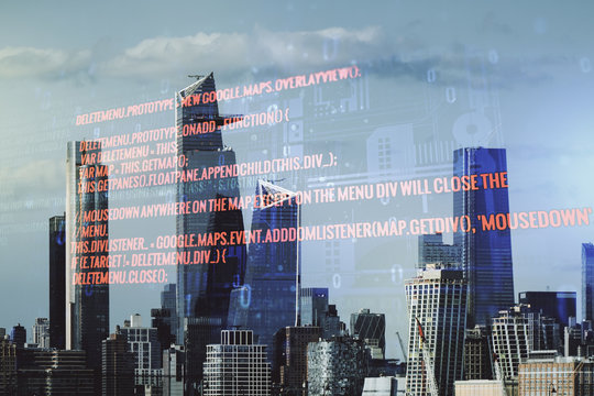 Double exposure of abstract creative programming illustration on New York city office buildings background, big data and blockchain concept