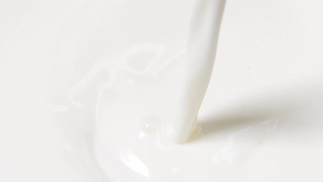Slow motion speed scene on pour stream of milk flowing in to bath, hygienic safe food process, organic dairy product, material in cosmetic industry, white skincare cream, bakery cooking ingredient